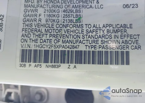 2023 Honda Accord Hybrid Sport from USA, damaged, VIN 1HGCY2F5XPA042847